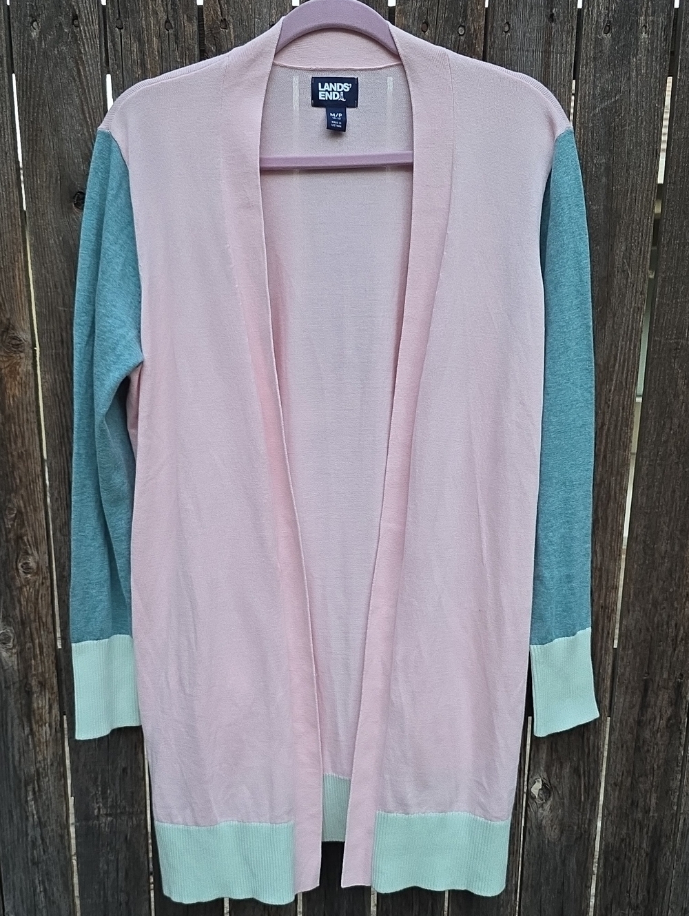 Lands' End Pink Open Long Cardigan with Teal Sleeves and Mint Trim 100% Cotton